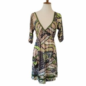 Hale Bob Chartreuse Abstract Silk‎ Wrap Dress